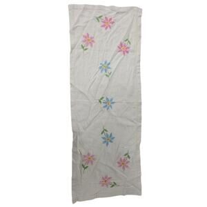 🌸 Vintage Hand-Embroidered Floral Table Runner – Pink & Blue Flowers – 39x13”